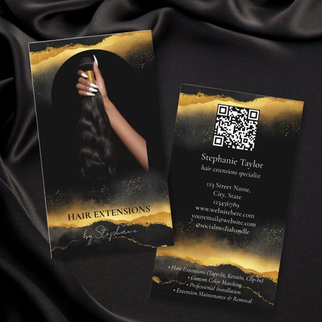 Gold Elegant Luxury Hair Extensions Stylist Photo Business Card (luxury gold hair extensions business cards with QR code)
