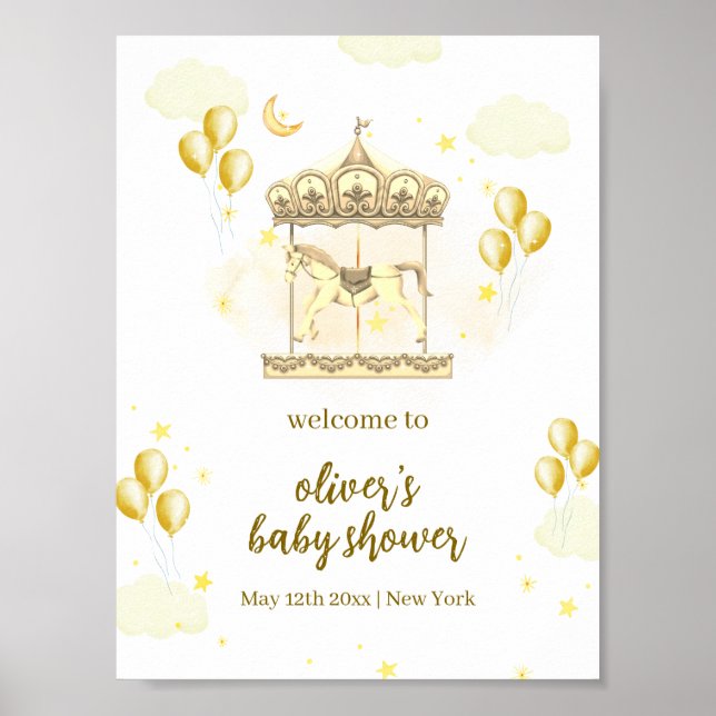 Gold Elegant Magical Carousel Baby Shower Welcome Poster (Front)