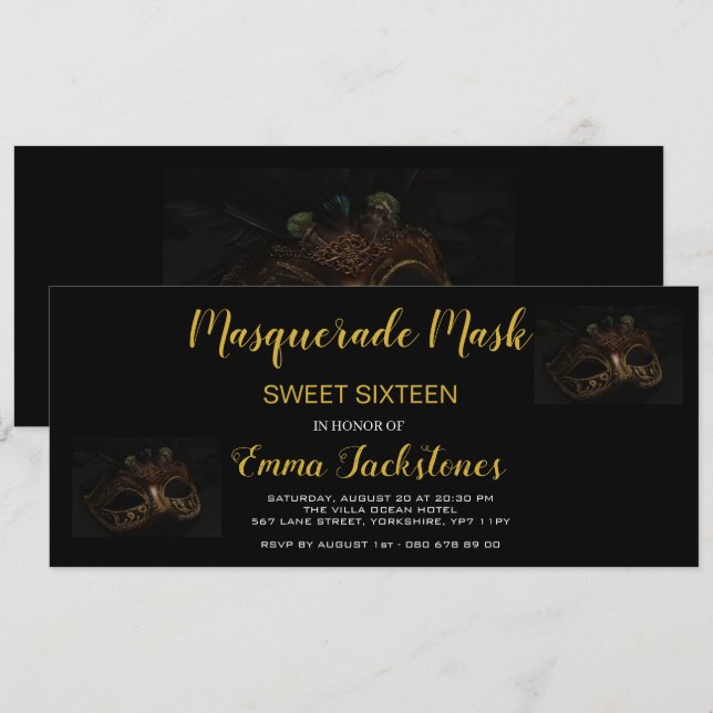 Gold Elegant Masquerade Mask Theme Sweet Sixteen Invitation (Front/Back)