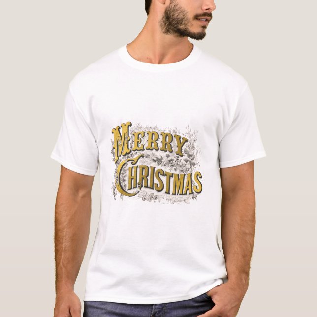 Gold Elegant Merry Christmas Rustic Vintage  T-Shirt (Front)