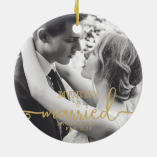 Gold Elegant Merry & Married Christmas Photo Ceramic Tree Decoration