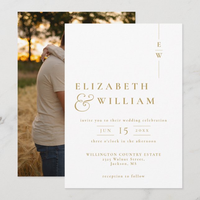 Gold Elegant Minimalist Monogram Photo Wedding Invitation (Front/Back)