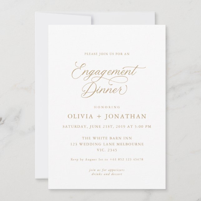Gold Elegant Modern Calligraphy Engagement Dinner Invitation (Front)