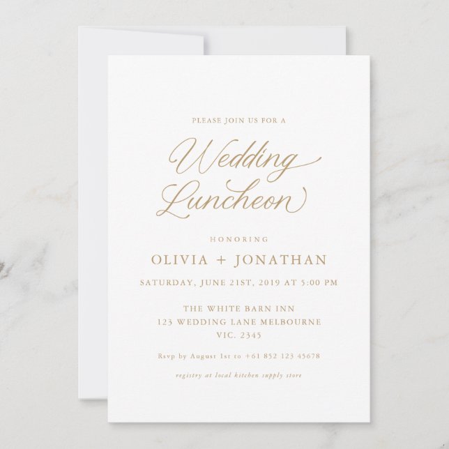 Gold Elegant Modern Calligraphy Wedding Luncheon Invitation (Front)