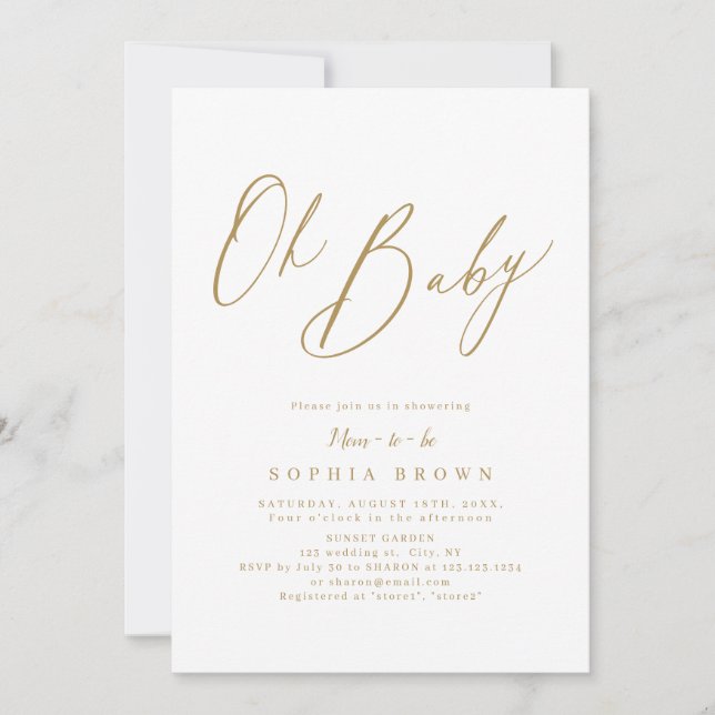 Gold elegant modern script minimal baby shower invitation (Front)