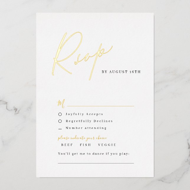 Gold elegant modern script minimalist wedding RSVP (Front)