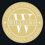 Gold Elegant Monogram Return Address Classic Round Sticker<br><div class="desc">CHANGEABLE BACKGROUND COLOR. Gold and White Elegant Monogram Round Return Address Sticker.</div>