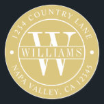Gold Elegant Monogram Return Address Classic Round Sticker<br><div class="desc">CHANGEABLE BACKGROUND COLOR. Gold and White Elegant Monogram Round Return Address Sticker.</div>