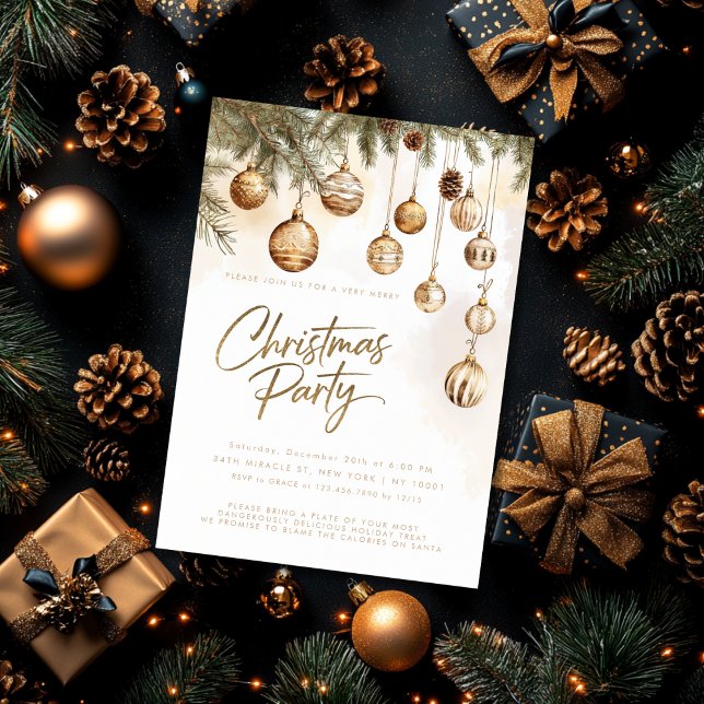 Gold Elegant Ornaments Baubles Christmas Party Invitation (Creator Uploaded)