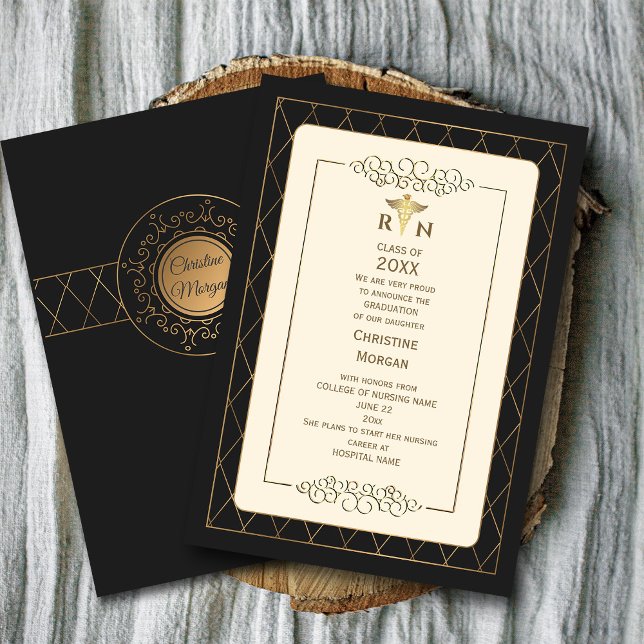 Gold Elegant Ornate Romantic Medical Graduation  Announcement ("Designing Dreams: The Art of Crafting Ornate Medical Graduation Invitations" #vintagestyle #golden)