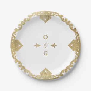 Gold elegant ornate vintage wedding monogram paper plate