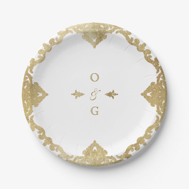 Gold elegant ornate vintage wedding monogram paper plate (Front)