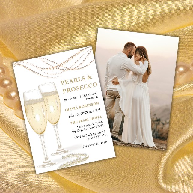 Gold Elegant Pearls & Prosecco Photo Bridal Shower Invitation (Gold Elegant Pearls & Prosecco Photo Bridal Shower Invitation )