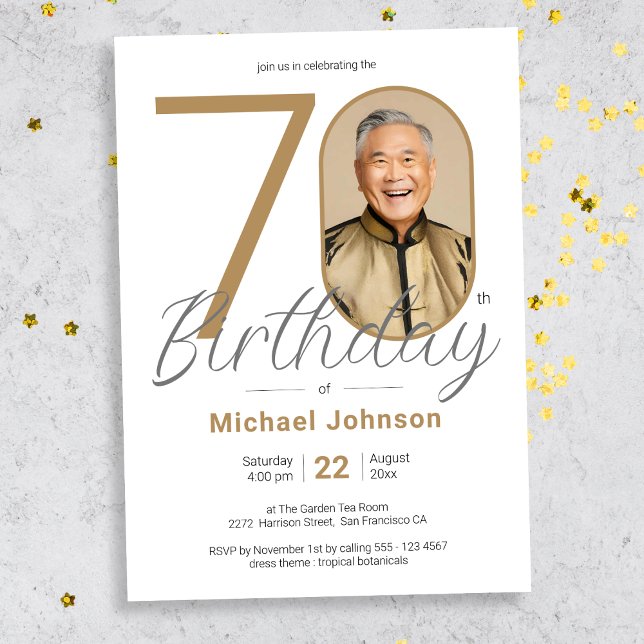 Gold Elegant Photo 70th Birthday Party Invitation (Mockup View)