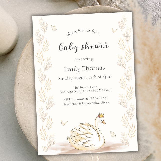 Gold Elegant Princess Swan Butterfly Baby Shower Invitation (Gold Elegant Princess Swan Butterfly Baby Shower Invitation)