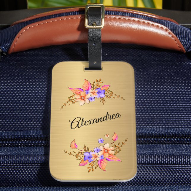 Gold Elegant Purple Floral Personalise  Luggage Tag (Front Insitu 2)