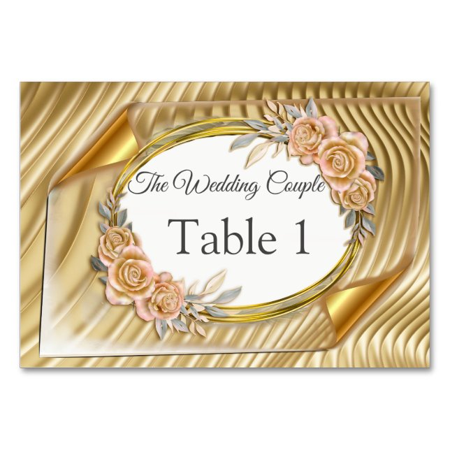 Gold Elegant Ripple Effect & Roses Leaves and Bird Table Number (Front)