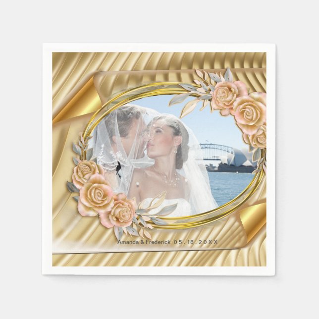 Gold Elegant Ripple Effect & Roses Napkin (Front)