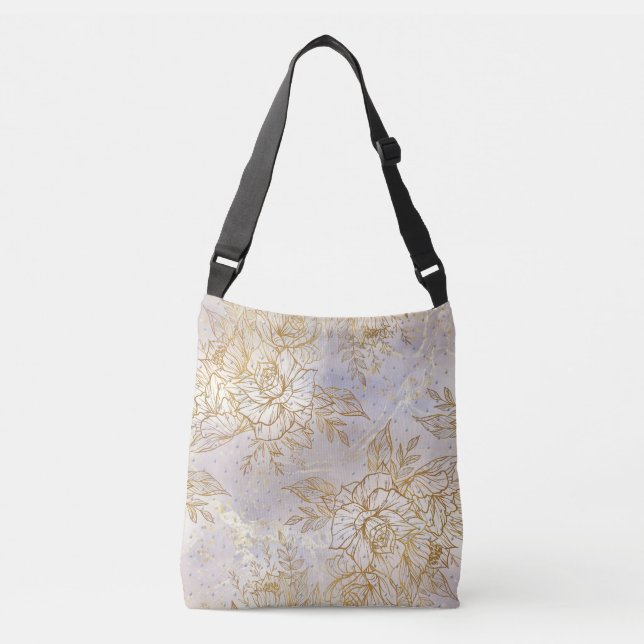 Gold Elegant Rose line drawing Crossbody Bag (Front)