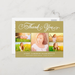 Gold Elegant Script 5 Photo Graduation Thank You Postcard