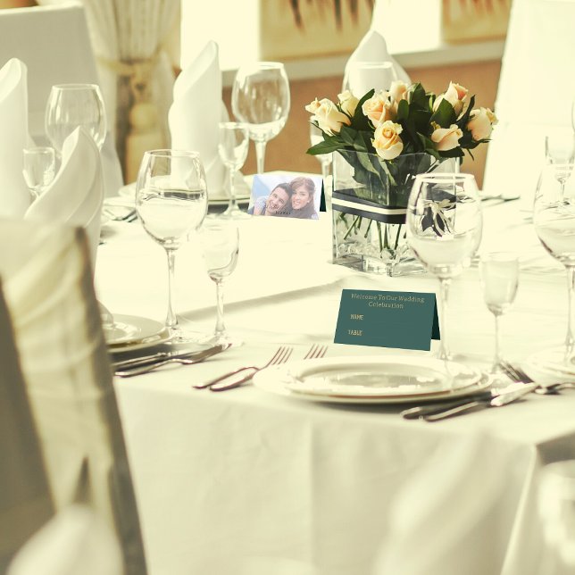 Gold Elegant Script And Photo | Green Wedding Place Card (In Situ)