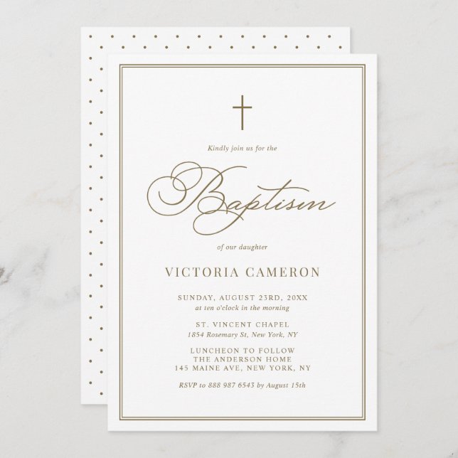 Gold Elegant Script Minimalist Baptism Invitation (Front/Back)