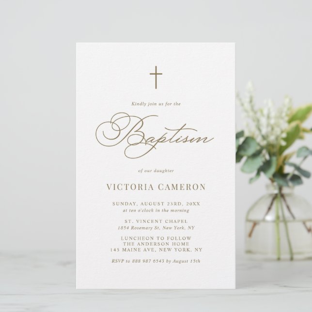 Gold Elegant Script Minimalist Baptism Invitation (Standing Front)