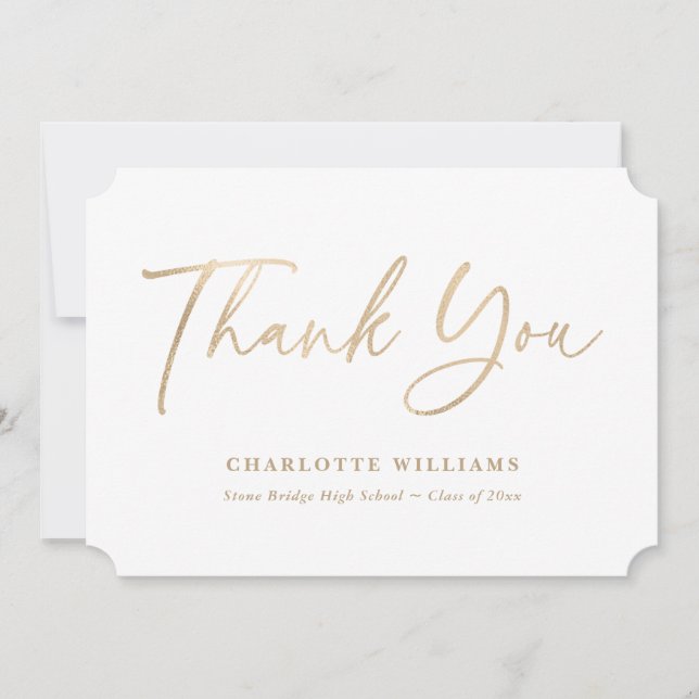 Gold Elegant Script Modern Graduation Thank You Card (Front)