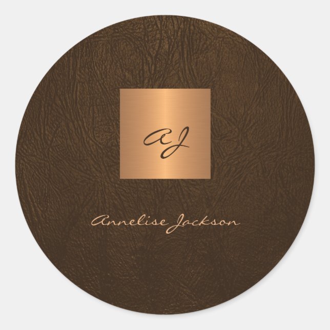 Gold elegant script monogram name leather classic round sticker (Front)