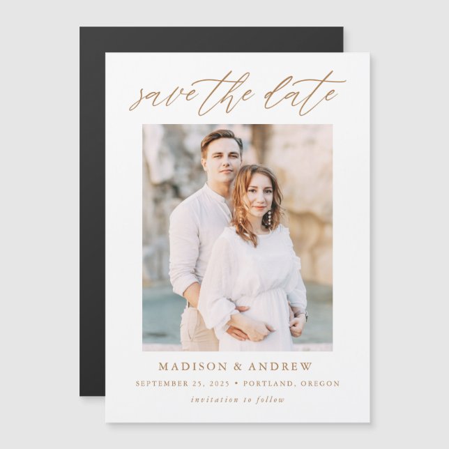 Gold Elegant Script Photo Save the Date Magnetic Invitation (Front/Back)