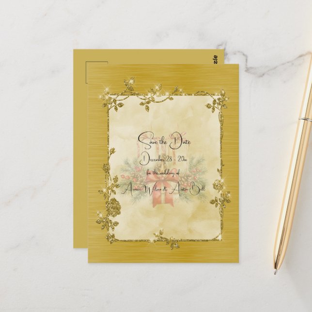 Gold Elegant Sparkly Frame Save the Date Postcard (Front/Back In Situ)