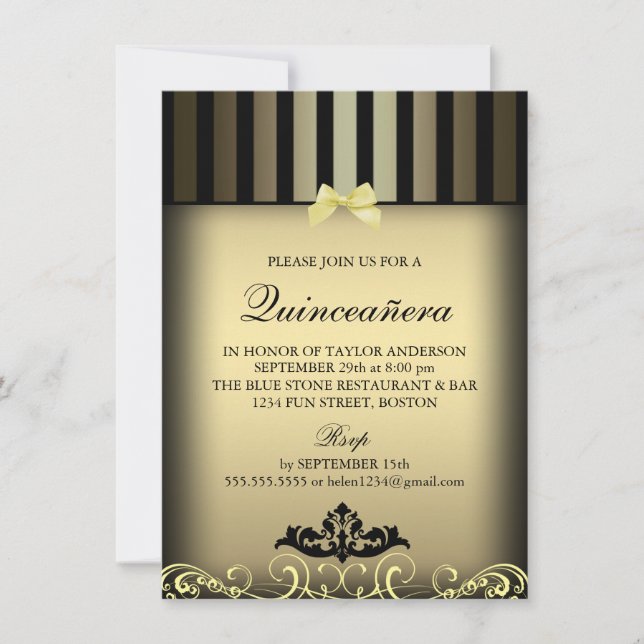 Gold Elegant Stripe Quinceañera Party Invite (Front)