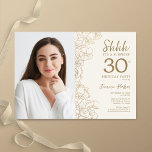Gold Elegant Surprise Photo 30th Birthday Invitation<br><div class="desc">Floral gold cream surprise 30th birthday party invitation with your photo on the front of the card. Elegant modern design featuring botanical outline drawings accents and typography script font. Simple trendy invite card perfect for a stylish female bday celebration. Can be customised to any age. Printed Zazzle invitations or instant...</div>