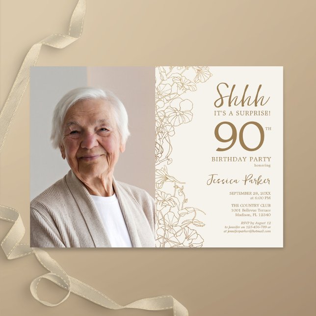 Gold Elegant Surprise Photo 90th Birthday Invitation (Creator Uploaded)
