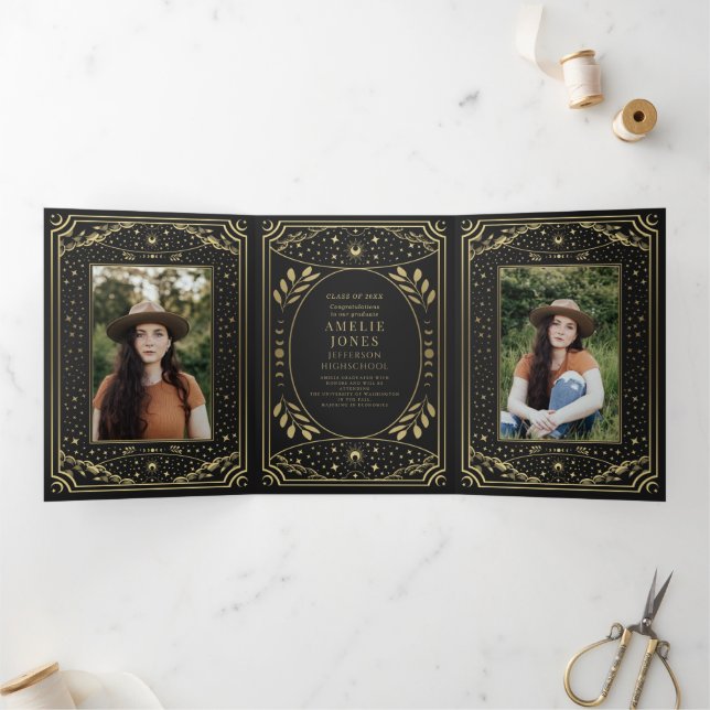 Gold Elegant Tarot  Photo Graduation Party  Tri-Fold Invitation (Inside)