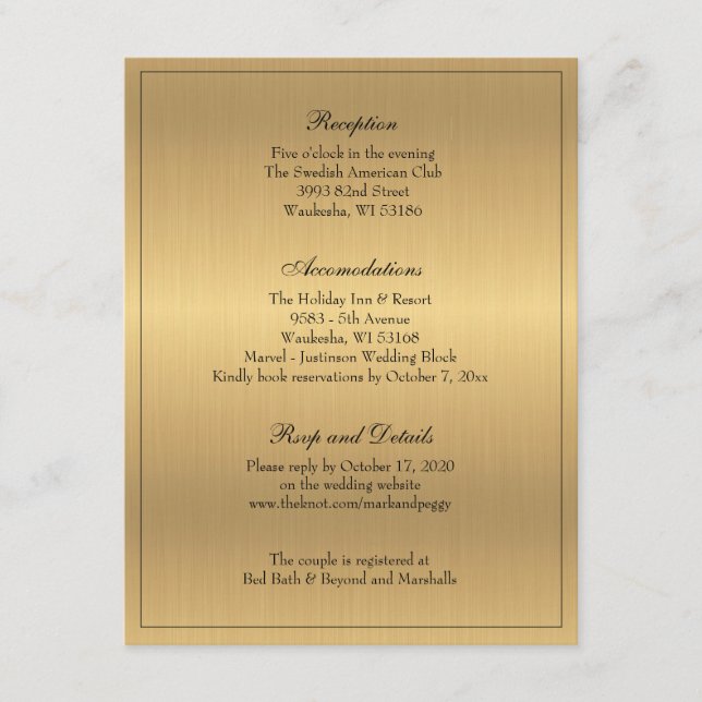 Gold Elegant Traditional Wedding Reception Enclosure Card (Front)