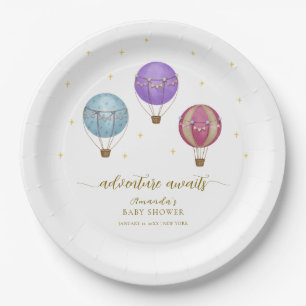 Gold Elegant Vintage Hot Air Balloon Baby Shower Paper Plate