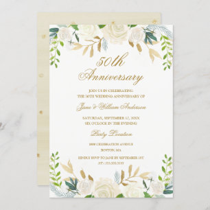 Gold Elegant Watercolor Floral Wedding Anniversary Invitation