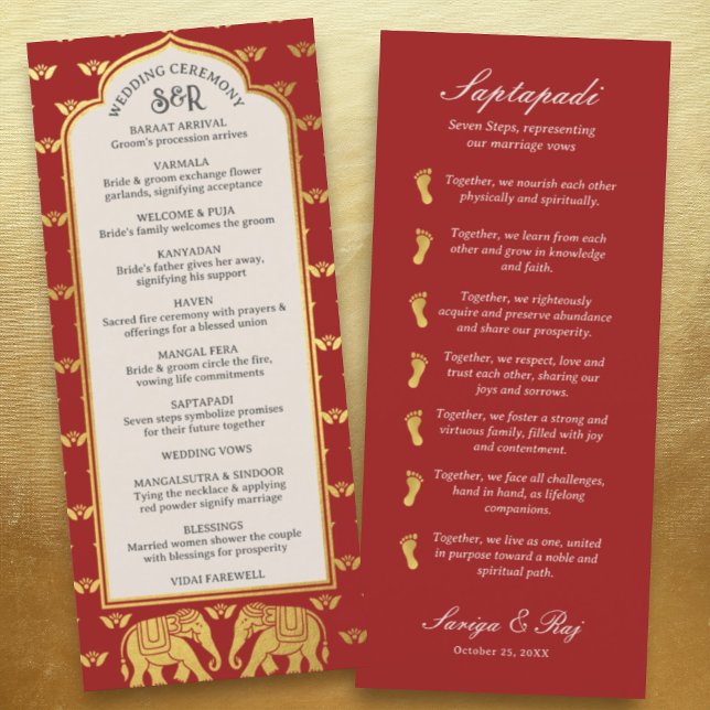 Gold Elephant Indian & Hindu Wedding Program Card (Hindu wedding program, Indian wedding program, Saptapadi seven steps, elephant lotus flower mundap)