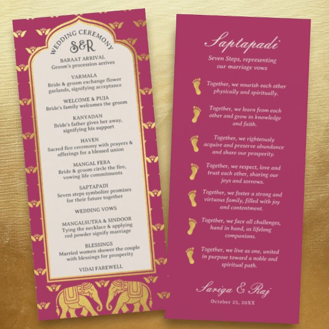 Gold Elephant Indian & Hindu Wedding Program Card (Hindu wedding program, Indian wedding program, Saptapadi seven steps, elephant lotus flower mundap)