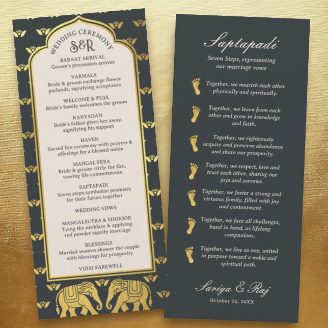 Gold Elephant Indian & Hindu Wedding Program Card (Hindu wedding program, Indian wedding program, Saptapadi seven steps, elephant lotus flower mundap)