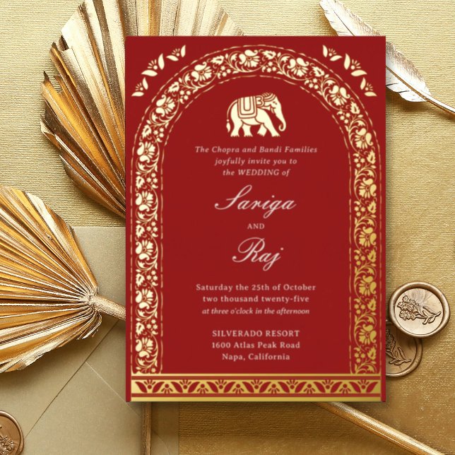 Gold Elephant & Lotus Flower Indian Wedding (Indian wedding invitation with gold foil elephant and lotus flower motifs, traditional hindu wedding)