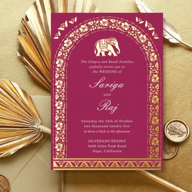 Gold Elephant & Lotus Flower Indian Wedding (Pink Indian wedding invitation with elephant and lotus flower motif, hindu wedding invitation card)