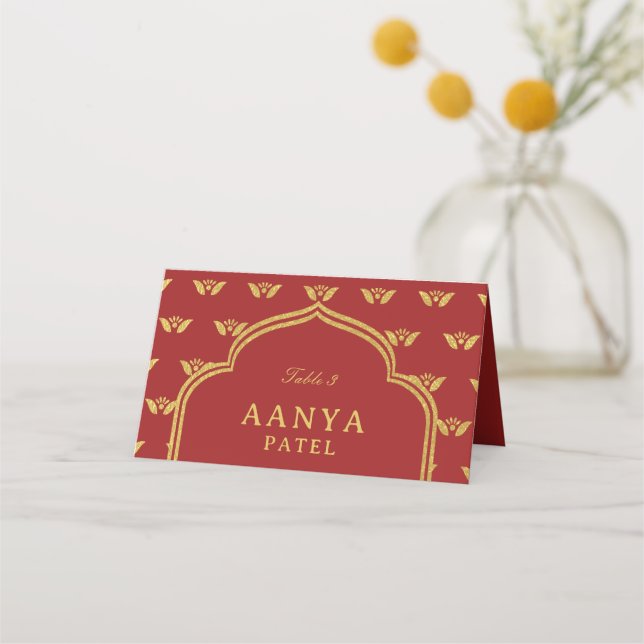 Gold Elephant & Lotus Flower Wedding Escort Name Place Card (Front)