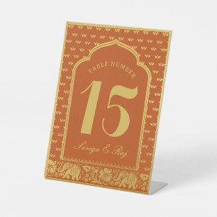 Gold Elephant & Lotus Flower Wedding Table Number Pedestal Sign