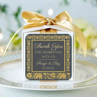 Gold Elephant & Lotus Wedding Return Gift Favour Square Sticker