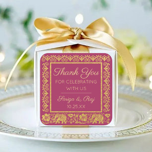 Gold Elephant & Lotus Wedding Return Gift Favour Square Sticker
