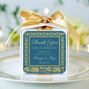 Gold Elephant & Lotus Wedding Return Gift Favour Square Sticker