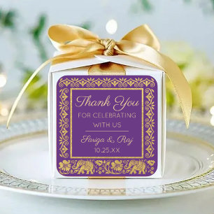 Gold Elephant & Lotus Wedding Return Gift Favour Square Sticker