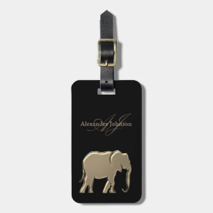 Gold Elephant Monogrammed Chic Black Luggage Tag